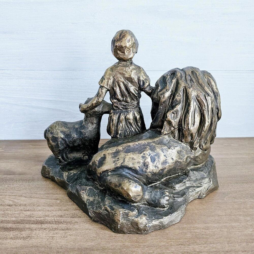 Lamb of God Peace Bronze Colored Heavy Statue Figurine Lion Shepherd Boy - Picture 6 of 9